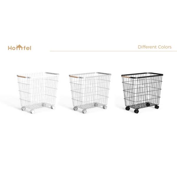 Home Rectangle Iron Metal Wire Laundry Basket with Bamboo Handle and Wheels
