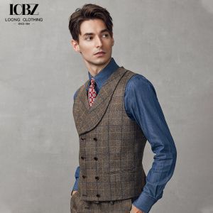Spring Gentleman Brown Tweed Wool Silk Men's Vest with Double-Breasted Regular