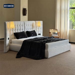 China Mail Packing Y King Queen Size Solid Wood Leather Upholstered Bed Frame with Lighting and High Density High Resilience Foam on sale