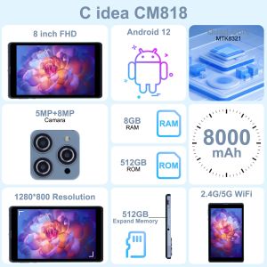 C idea Android Tablet PC Dual Camera 8 Inch 1280x800 IPS HD Display Android 12