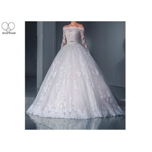 China Off The Shoulder Ball Gown Wedding Dress Beaded Belt Long Sleeve Lace Tail on sale