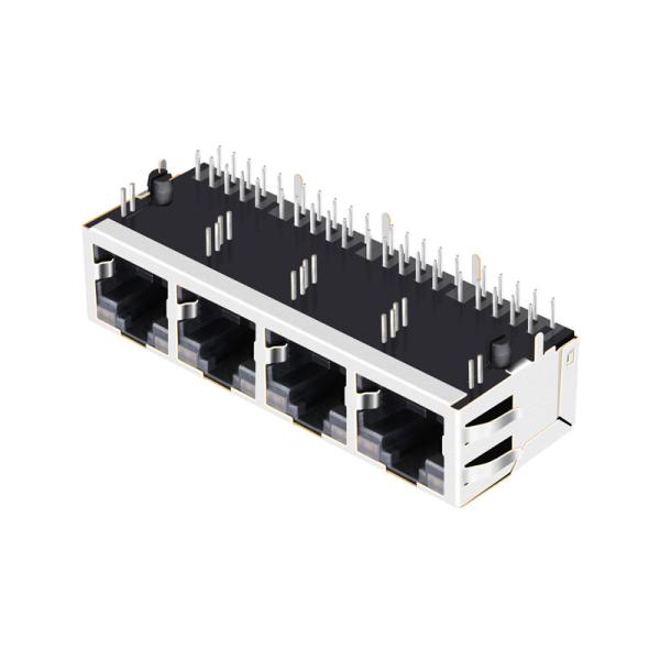 China JT6-1480NL 10G Base-T Shielded 1x4 Port Tab UP Rj45 Pcb Connector Right Angle With Leds on sale China JT6-1480NL 10G Base-T Shielded 1x4 Port Tab UP Rj45 Pcb Connector Right Angle With Leds on sale