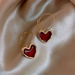 Buy cheap 18K Gold Red Enamel Heart Shaped Dangle Hoop Earrings from wholesalers