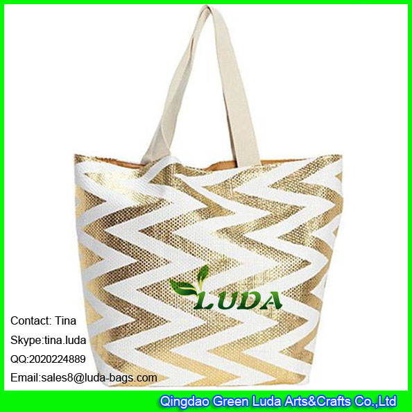 Buy cheap LUDA golden zigzag pattern straw tote bag cotton strap handles paper straw bags from wholesalers