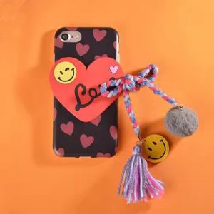 TPU Love Smile Shape Pasted Small Wool Ball Strap Cell Phone Case Cover For