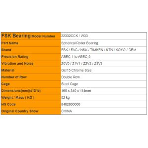 Heavy Duty Double Row Self-aligning Roller Bearings 22332CCK / W33