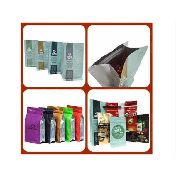 Standing Side Gusset PE Lined Kraft Paper Packaging Quad Seal Flat Block Bottom Coffee Bags with Valve