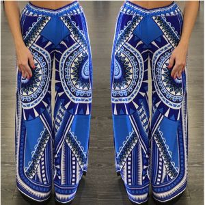 breathable loose cotton printed long blue trouser with elastic waist