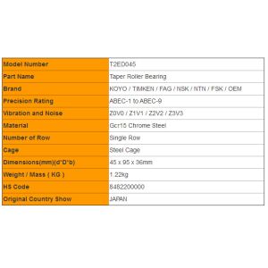 Buy cheap KOYO Single Row T2ED045 Taper Roller Bearing For Heavy Truck 45mm x 95mm x 36mm from wholesalers