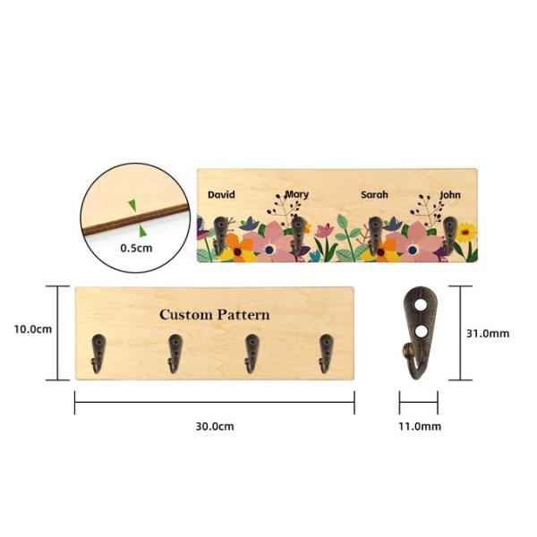 Sublimation Blanks Wooden Rectangular Wall Hanging Holder With Hooks Custom Key Hanger