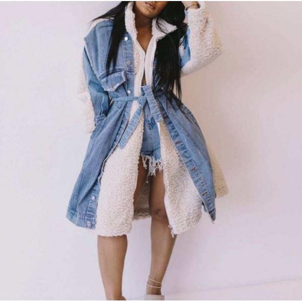 Waterproof Fashion Denim Lambswool Quilting Coat 2020 Winter Lambswool Loose Thickened Jackets Long