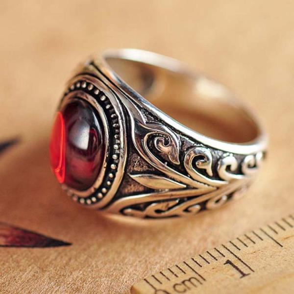Quality Mens Sterling Silver Retro Ring with Oval Created Garnet (XH037009RED) for sale