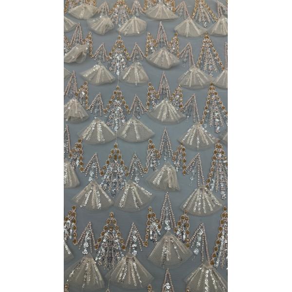 Elegant Embroidered Lace Fabric In Ecru For Garment Beading 3D With Sector Shape