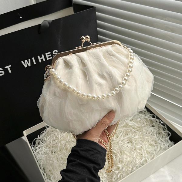 Quality 2024 NEW RETRO FAIRY SOLID COLOR SMALL BAG WHITE HAND PEARL BAG WOMEN'S NET YARN INS SIMPLE CROSSBODY BAG for sale