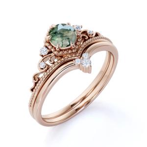 Buy cheap Large Hexagon Moss Agate Statement  Wedding Cluster Ring Set from wholesalers