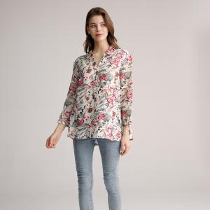 China Woven Shirt Neckline Ladies Casual Tops S M L Flower Print Shirt Womens on sale