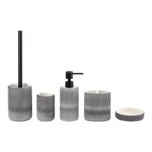 China Sand stone bath accessories sets round & oval shape white color with balck swirl pattern hand wash dispenser bowl brush toothbrush tumbler holder on sale