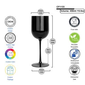 Unbreakable Modern Black Plastic Wine Glasses 15.5oz 450ml Recyclable