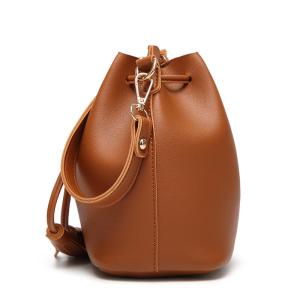 Crossbody Brown Macrame PU Leather Drawstring Bucket Bag