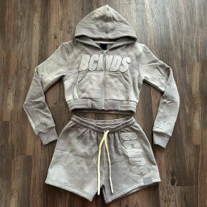 Buy cheap Women Distressed Two Piece Hoodie Set Cotton Tracksuits Embroidery Patch Sweatsuits Sun Faded Cropped Hoodie and Shorts Set from wholesalers