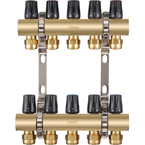 Quality 6103 Polished Brass Water Distribution Manifolds available from 2 to 12 Branches with IN/OUT Flowrate regulating handles for sale