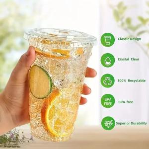 Disposable Plastic PET Cups with Lids Smoothie Milk Shake Cups Clear Disposable
