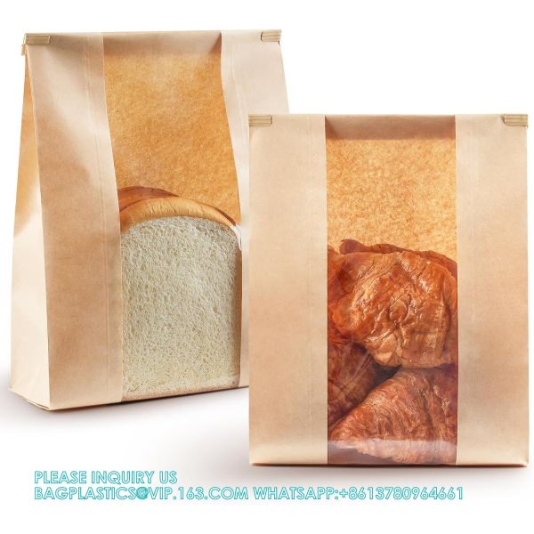 Quality Large Kraft Paper Bread Bags Homemade Bread Loaf Bags 14" X 8.3" X 3.5" With Tin Tie Tab Lock Clear Front Window for sale