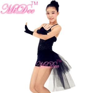 Black Swan Feather Neckline Jazz Dance Outfits With Back Side Suttle Velvet