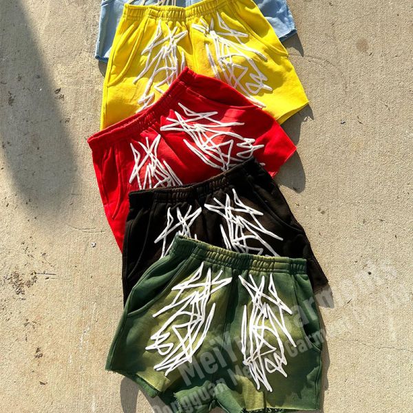 Puff Print Sun Faded Shorts Unisex Cut Edge Raw Hem Oversized Jogger Shorts