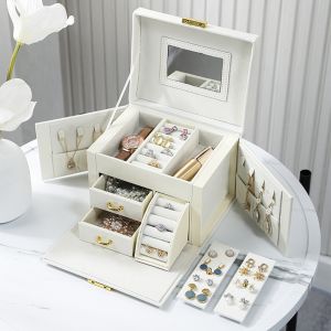 Buy cheap PU Leather 3 Layer Jewelry Box with Mirror Large Capacity Storage Organizer 18 × 15 × 14 cm from wholesalers