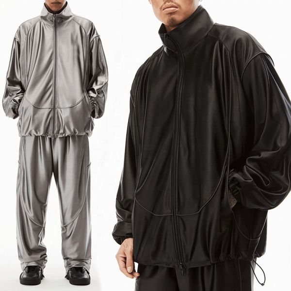 Quality Custom Logo Heavyweght Streetwear Vintage Blank Faux Turtlenecks Leather Set Zip up Jacket Coat Sweatpants Two Piece Sets Men for sale