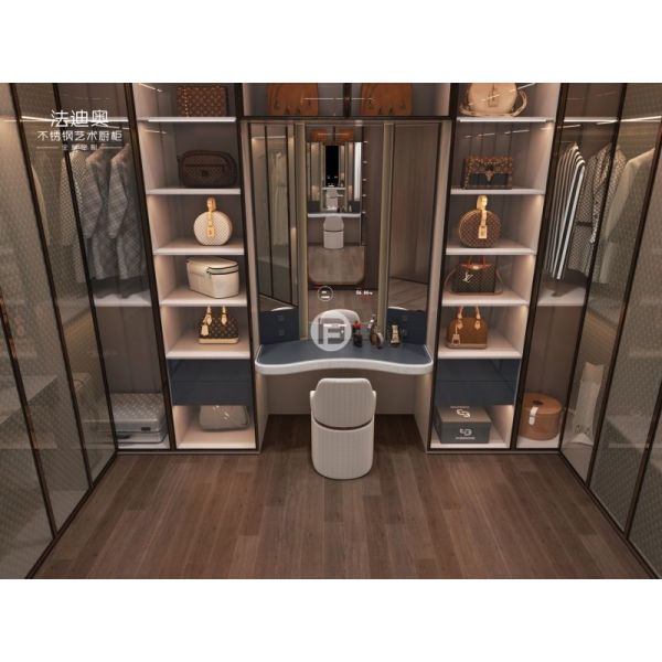 U Shaped Navy Blue High End Walk In Closets With Transparent Glass Doors OEM ODM