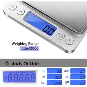 Digital Kitchen Scale 3000g/ 0.1g, Pocket Food Scale 6 Measure Modes, LCD, Tare,