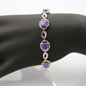 925 Silver 6x8mm Oval Created Amethyst and Clear Cz Diamonds Link Bracelet (H03)
