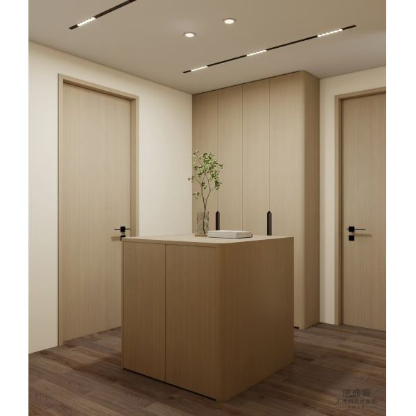 Stainless Steel Fadior Light Wood Grain Walk-in Closet With Functional Island And L Shaped design
