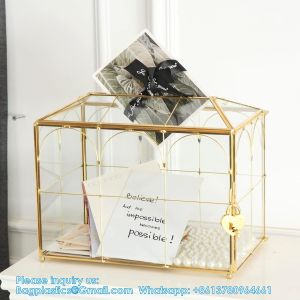 Buy cheap Glass Wedding Card Box with Slot, Large Clear Card Box Gold Brass Gift Card Storage Box with Lock for Wedding from wholesalers