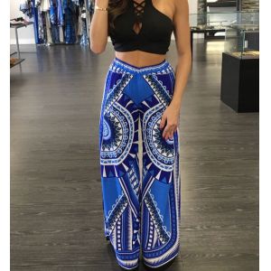 breathable loose cotton printed long blue trouser with elastic waist
