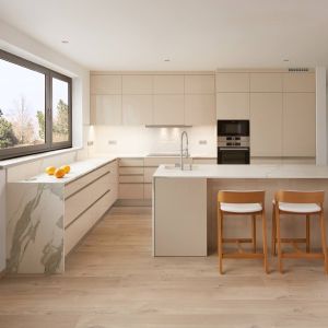 China Acrylic Modern Kitchen Display Cabinets Custom Smart Luxury Glossy Beige Island Modular on sale