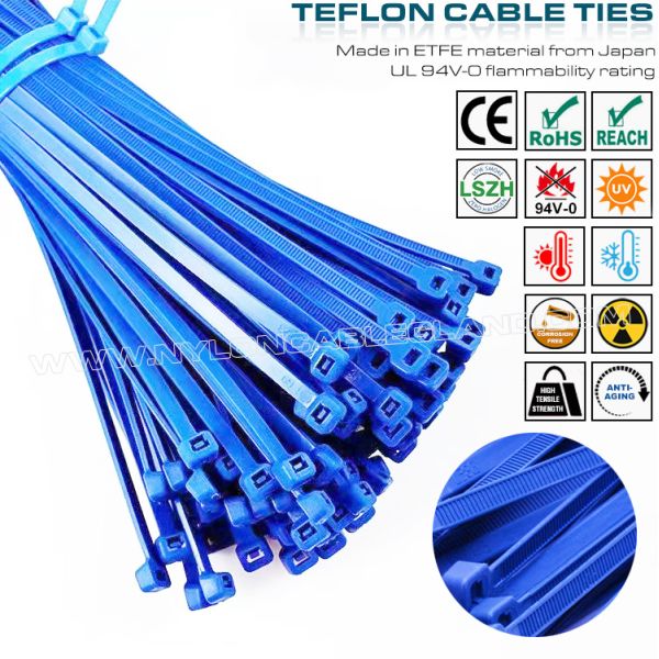 ETFE Blue Cable Tie 3.6x200mm, 94V-0 Fireproof Teflon Cable Tie Temperature