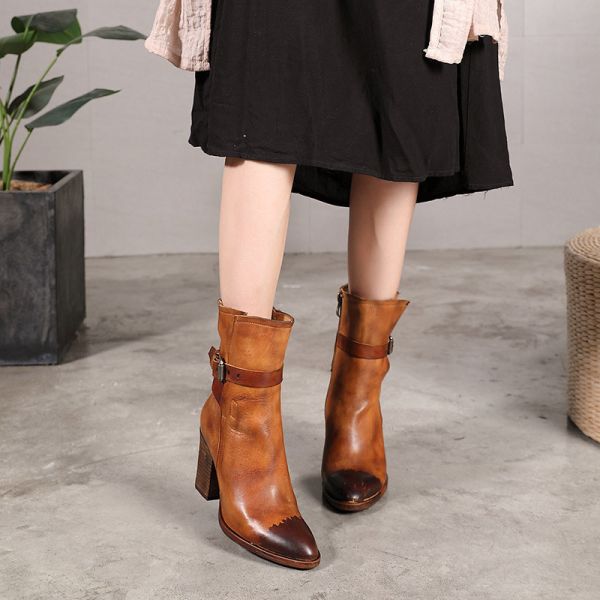 Quality S196 2020 autumn and winter new pointed high heel retro weathered textured leather boots ethnic style women's shoes fact for sale