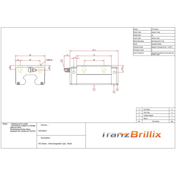 Dimensional Drawing and Weight Specifications for HGH30CA Linear Guide Block