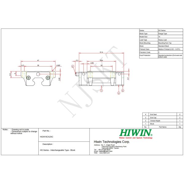 HIWIN HGW15CC Linear Guideway 15mm Heavy Load Linear Motion Stage