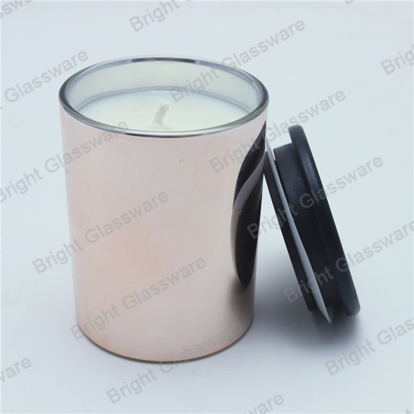 Quality Rose gold glass candle holder, candle container with wooden lid for wedding decoration for sale
