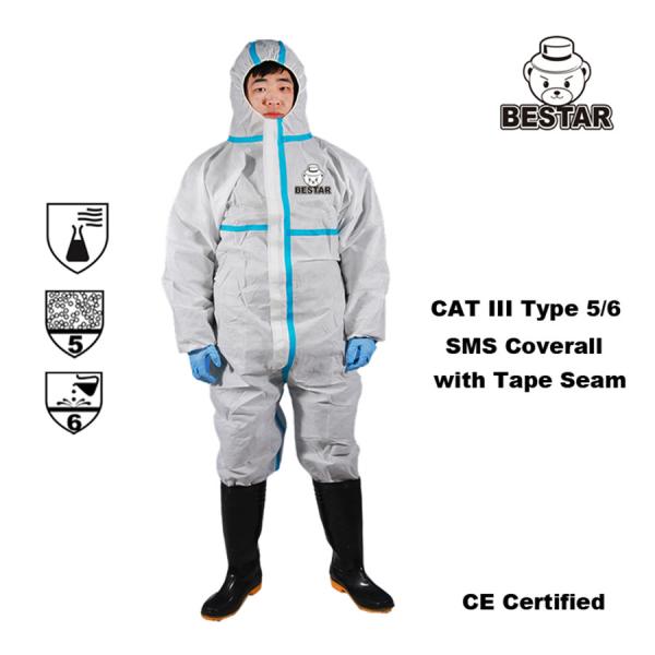 Buy cheap Type 5/6 SMS Disposable Polypropylene Coveralls Bunny Suit Cat III With Tape Seam from wholesalers