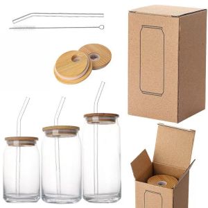 China Sublimation Glass Coke Cup With Bamboo Lid And Straw Glass Cold Drink Cup High Borosilicate Glass Coated Transparent Glass Cup Set Sublimation Glass Mason Jar on sale