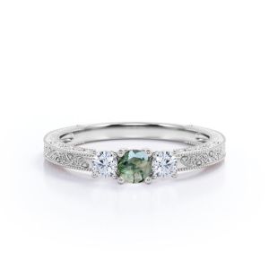 Buy cheap Round Brilliant Cut Natural Transparent Moss Green Agate and Moissanite - Carved Filigree Milgrain Engagement Ring from wholesalers