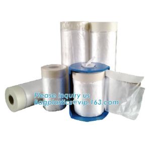 China PE protection cover mask film roll with masking tape, Corona treated plastic HDPE taped masking film, Pre-taped plasti on sale