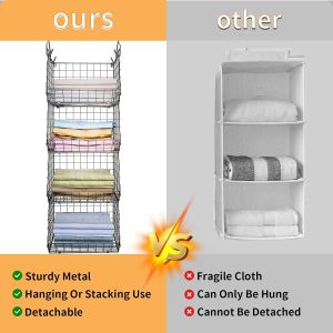 X-COSRACK 4 TIER FOLDABLE CLOSET ORGANIZER, CLOTHES SHELVES WITH 5 S HOOKS, WALL