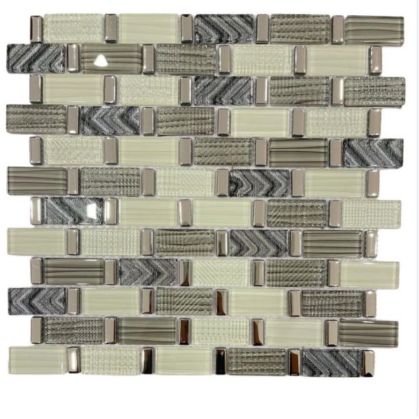 Contemporary Style Sliver and Grey Stone Mix Glass Mosaic Tile for Wall and