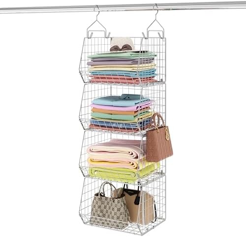 X-COSRACK 4 TIER FOLDABLE CLOSET ORGANIZER, CLOTHES SHELVES WITH 5 S HOOKS, WALL
